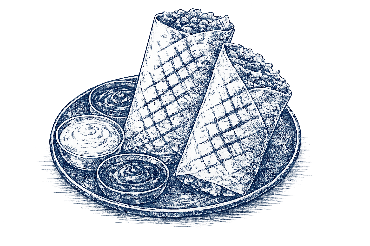 Engraved plate with two wraps and dipping sauces