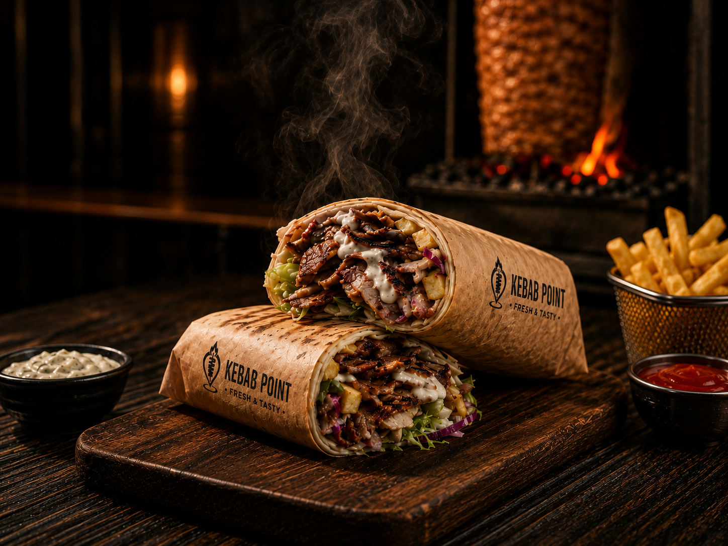 Fresh gourmet kebab wrap with grilled meat and vegetables